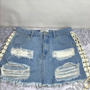 Forever 21 Los Angeles Denim Distressed Skirt with Lace-Up Sides size 27